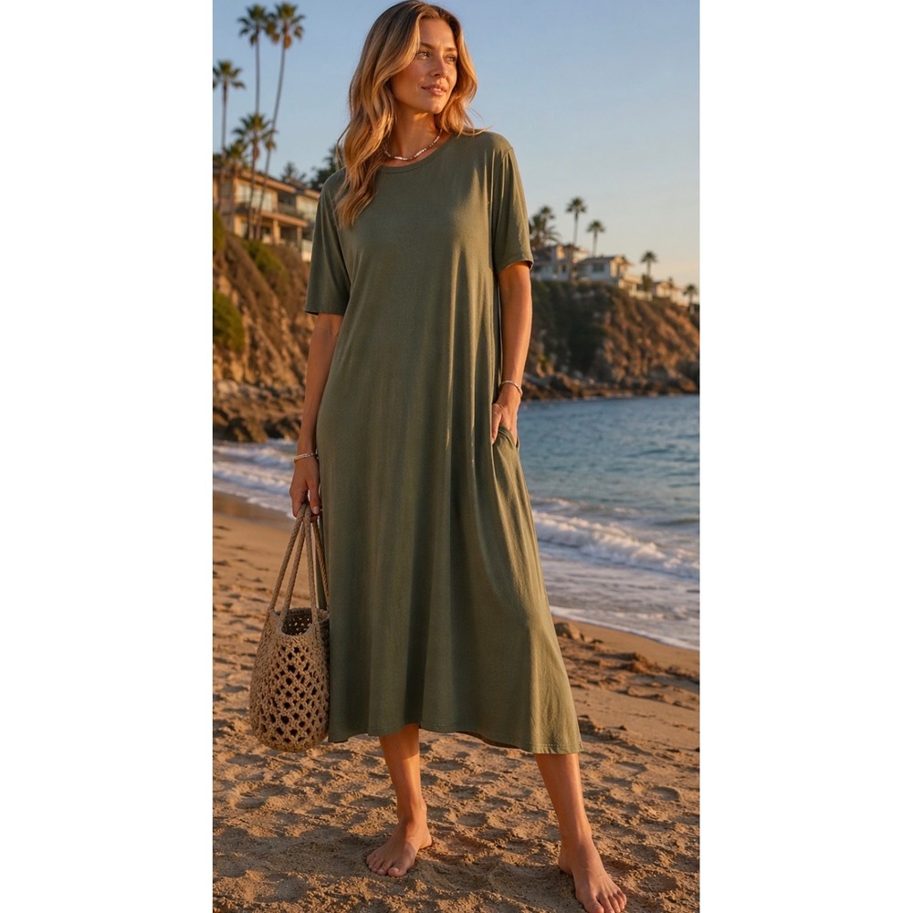 Sonnet James A  Play Dress Olive Green Midi  Soft Comfy Size Large